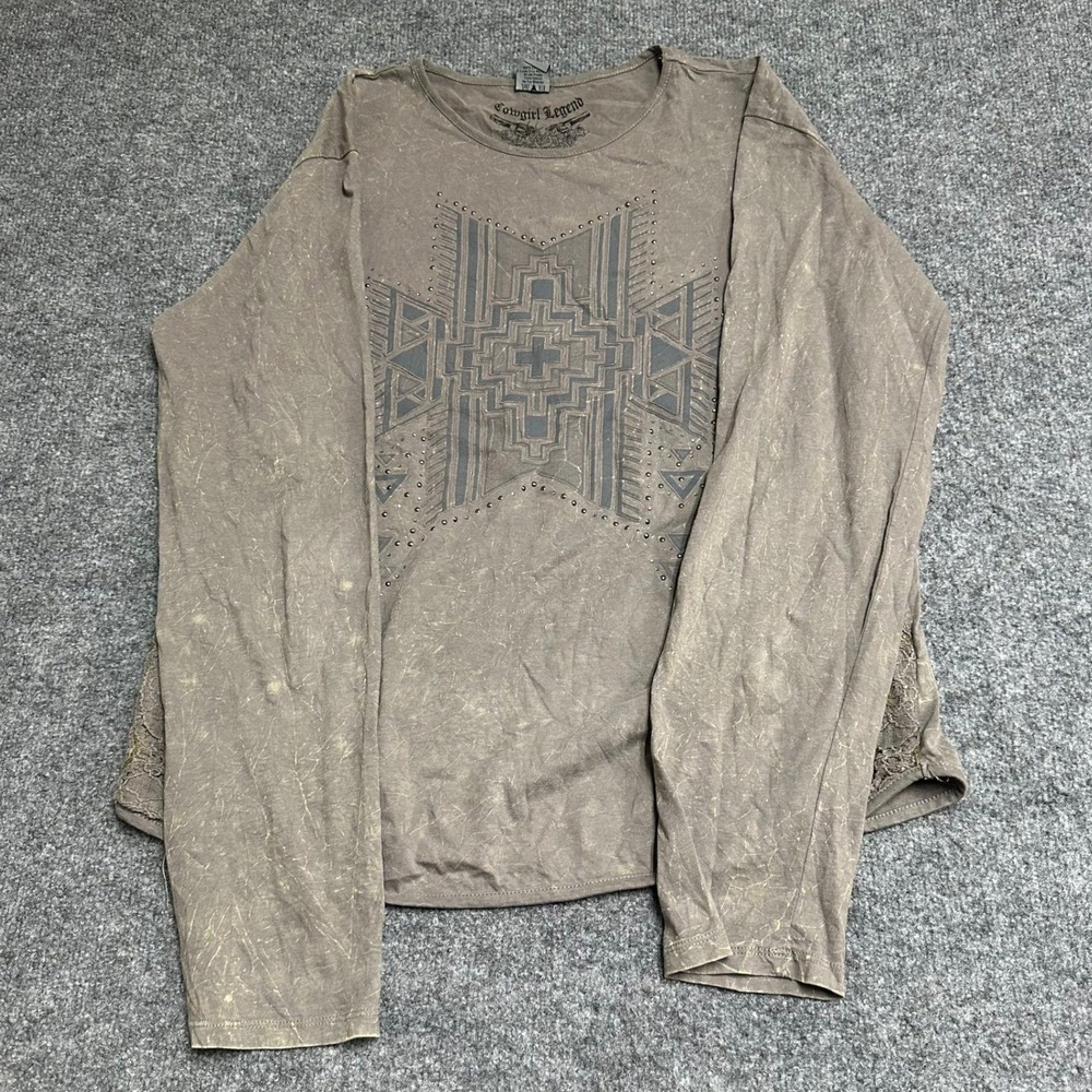 Cowgirl Legend Shirt Womens XXL Brown Acid Wash Western Studded Lace Long Sleeve